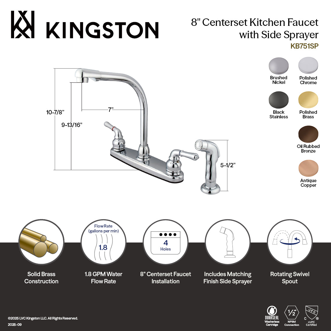 Kingston Tulare KB751SP - Magellan Two-Handle 4-Hole 8" Centerset Kitchen Faucet with Side Sprayer, Polished Chrome — thumbnail 2